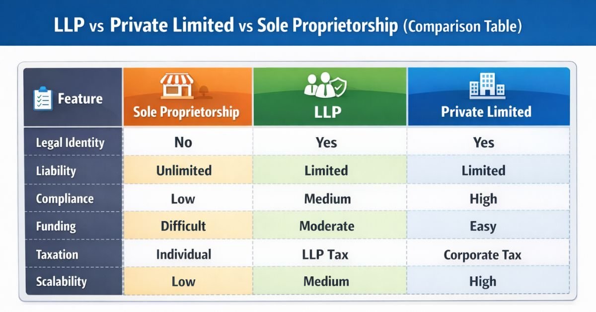 Private Limited vs LLP vs Sole Proprietorship